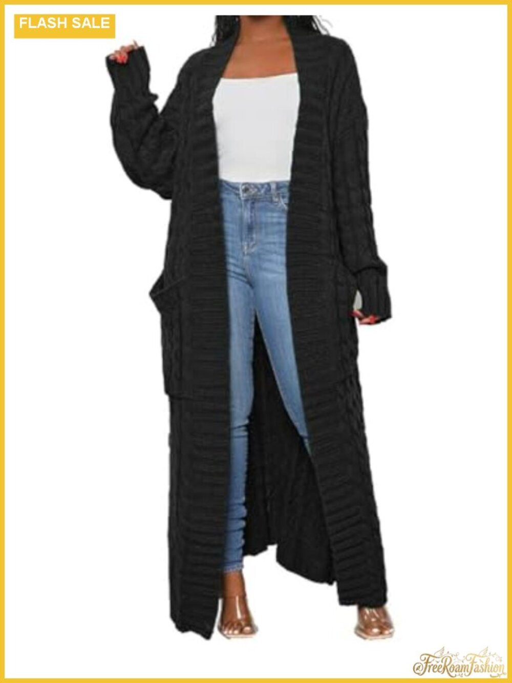 Cable Knit Chunky Open Front Long Maxi Cardigan with Pockets